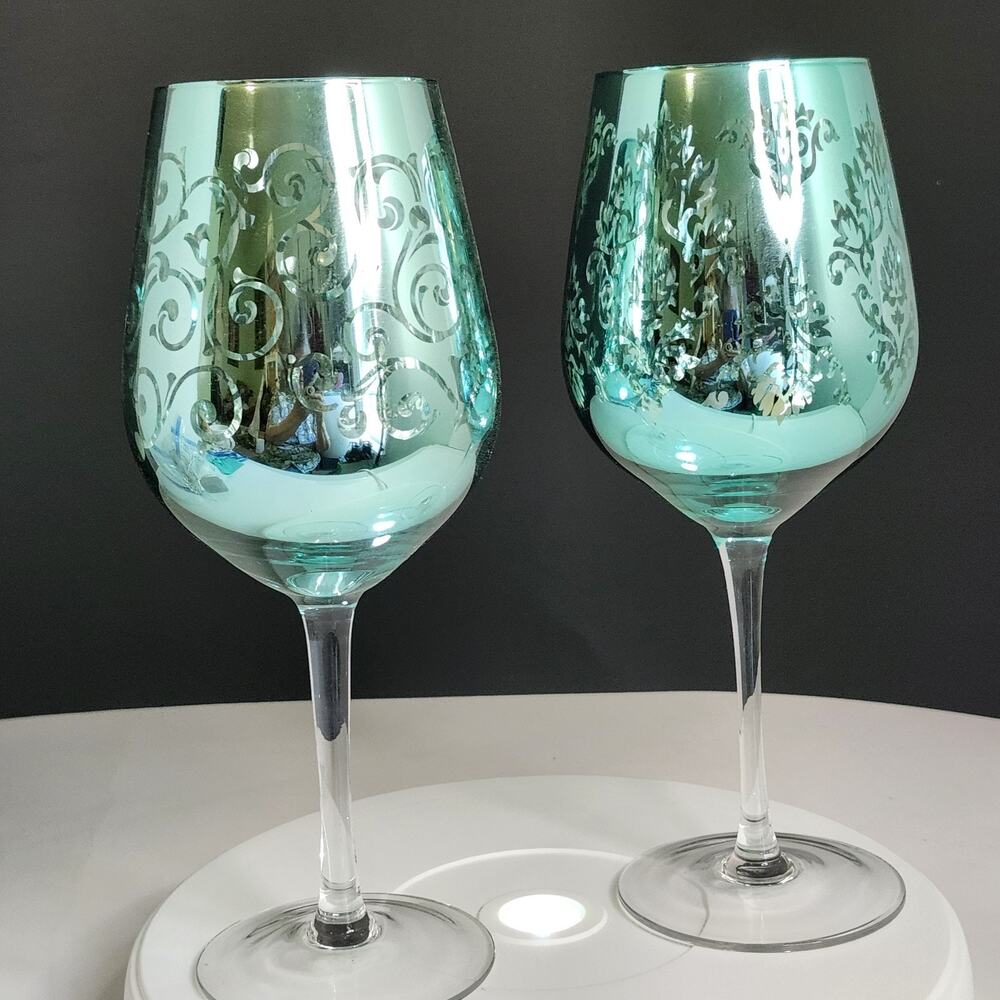 Artland Wine Glasses 2 Brocade Blue/Metallic Platinum Finish 10" Y2K - Picture 4 of 7